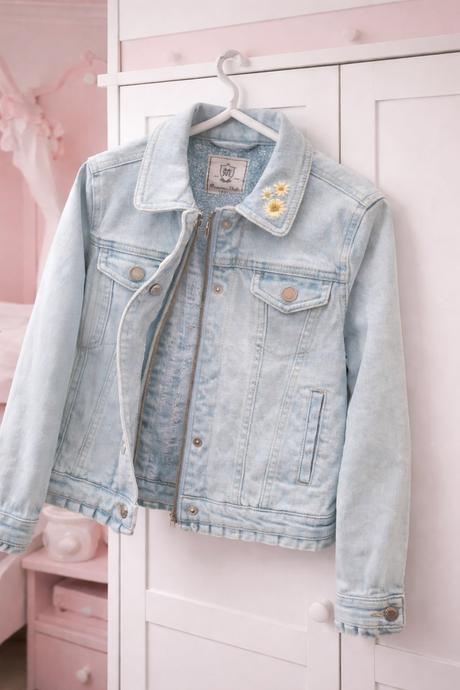 Riflová bunda s ručne vyšívanou slnečnicou, 122