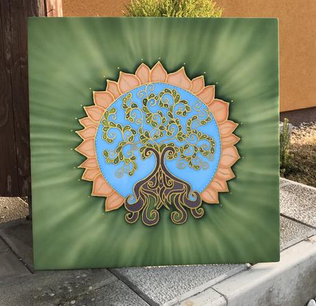 Ručne malovaná strom života na hodváb 41x41 cm, 