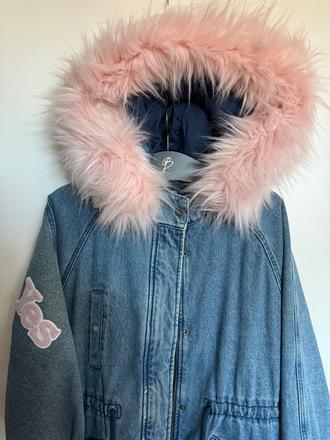 Denim parka s ruzovou kozusinou - bershka, bershka,s