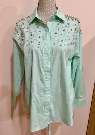 Mentolová, bavlnená blúzka s krištálikmi, m