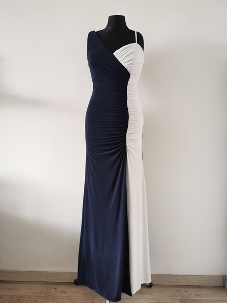 Dlhé večerné modro - biele šaty, s