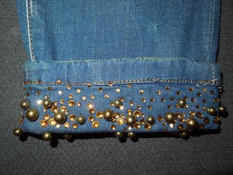 Nenosené 3/4 deravé rifle s kamienkami, denim,28