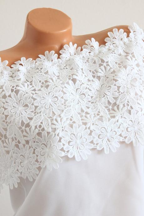 Biely elegantná top s čipkou, xs, xs