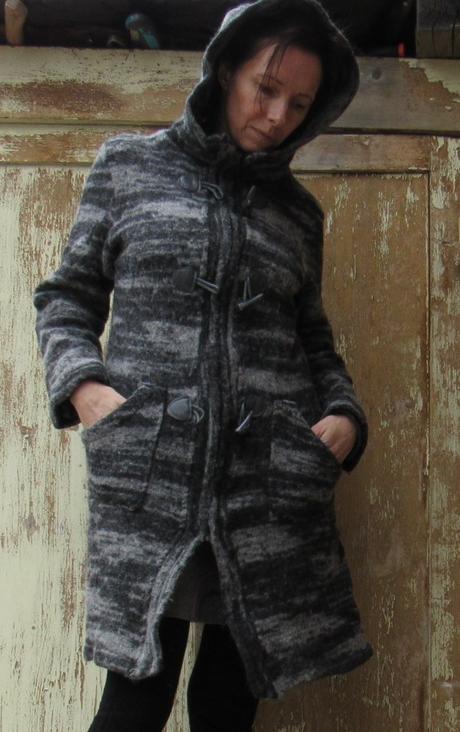 Melírovaný prechodný vlnený kabát s kapucňou, s