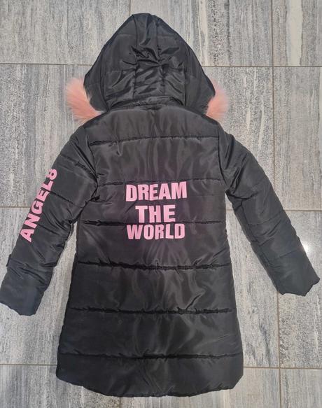 Dievčenský dlhý štýlový kabát s ružovou kapucňou, 140