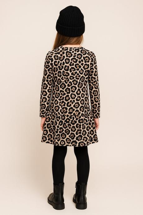 Dievčenské leopardie šaty s volánom, áčkový strih, 128 - 158