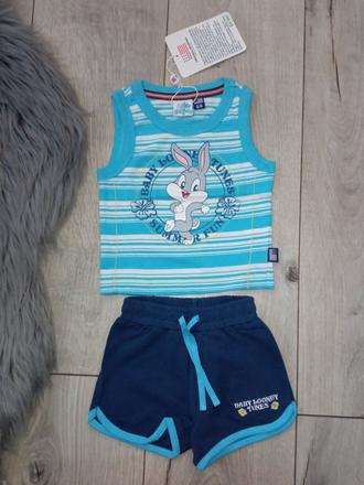 Modrá pásikavá letná súprava looney tunes,3-6 mes., original marines,62