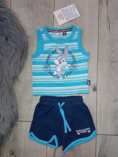 Modrá pásikavá letná súprava looney tunes,3-6 mes., original marines,62