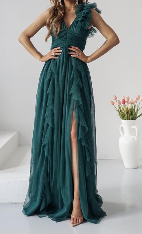 Smaragdové tylové šaty s rozparkom, xs