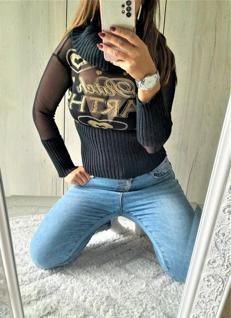 Elegantný sexi čierny sveter-s, s