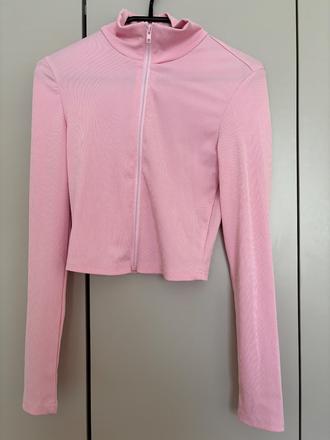 Ružový rebrovaný crop top na zips, s