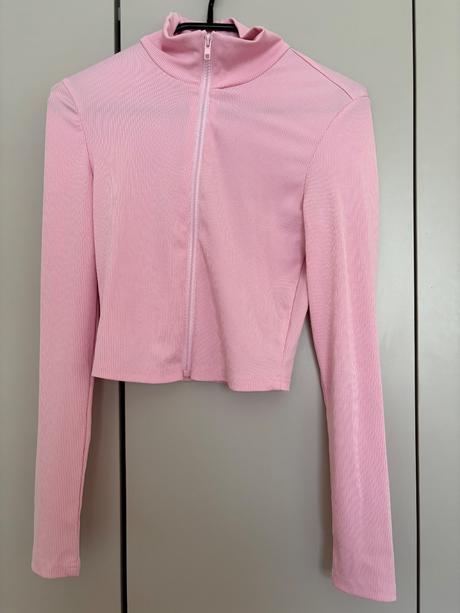 Ružový rebrovaný crop top na zips, s