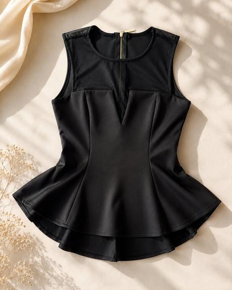 Elegantný čierny peplum top, s