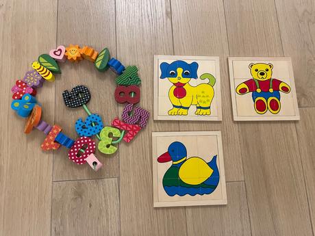 Drevené navliekacky a puzzle, 
