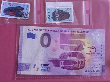 Vlaky železnica poštové známky a bankovka 0, 