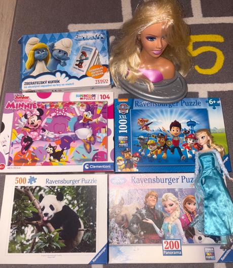 Hračky - puzzle 4x,hlava barbie,frozen a šmolkovia, 