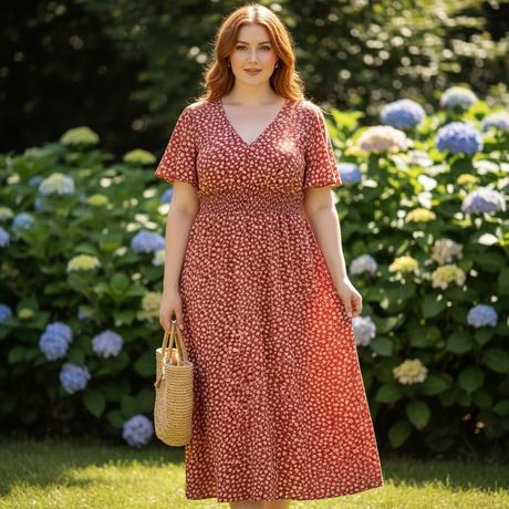 Krásne kvetované maxi šaty shein curve v tehlovej, 4xl