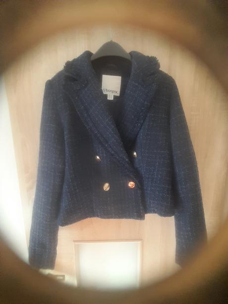 Sako - typ chanel - bouclé tvíd, farba navy blue, bonprix,38