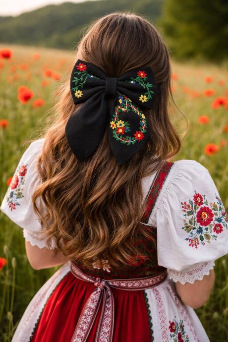Folkolrná ručne vyšívaná mašla do vlasov, 