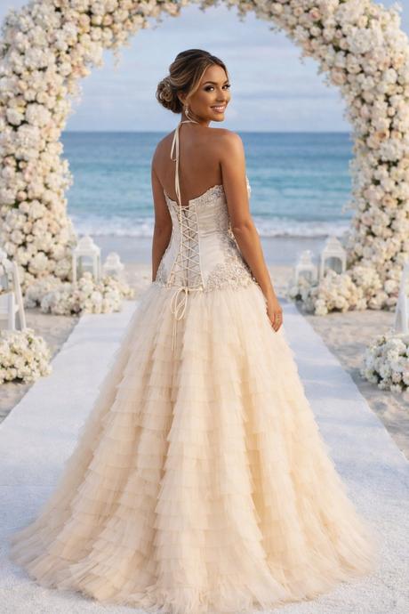 Nádherné spoločenské šaty vo farbe shampagno 36/38, 36 / 38