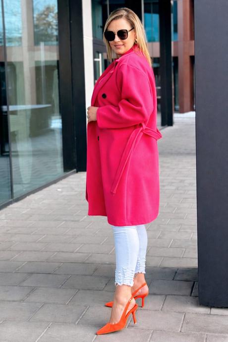 Dámsky prechodný kabát plus size fuksiový, 