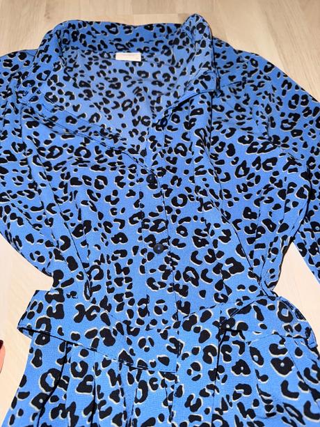 Modre leopardie midi šaty košeľove s dlhym rukavom, xs