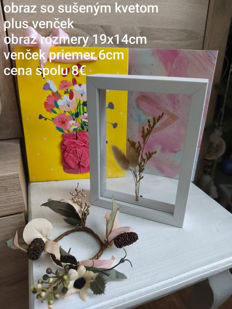 Dekorácia sušený kvet v rámiku plus venček,