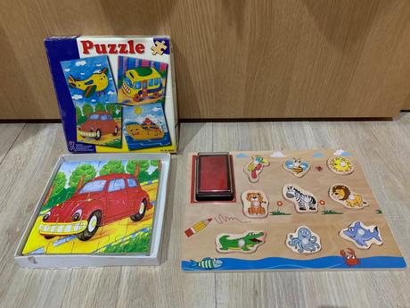 Drevene puzzle a vkladacky pečiatky a dopravné pro, 