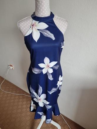 Modré kvetinové šaty s volánom veľ. 40, 40