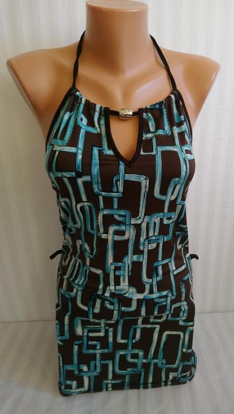 Dámsky elastický hnedý top s modrým vzorom bellani, s