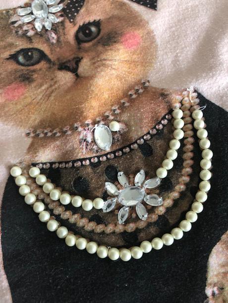 Tričko s macickou, vykladané kamienkami, 7-8 rokov, 128