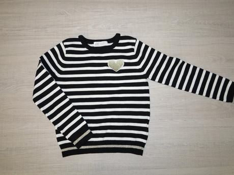Bielo-čierno-zlatý pulovrík so srdiečkom, h&m,116
