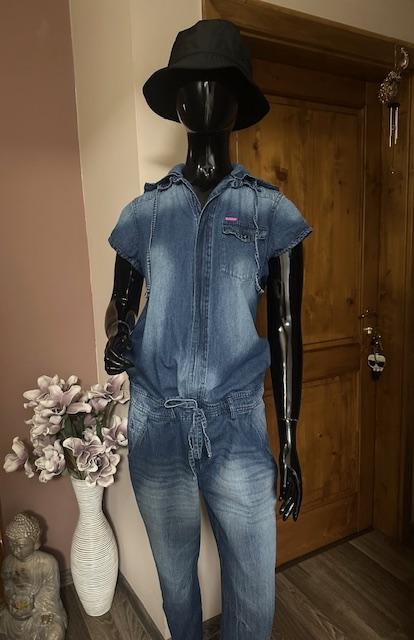 Džínsový overal na zips s kapucňou zn. retro, m