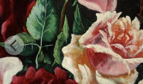 Stará olejomaľba - zátišie ruží,